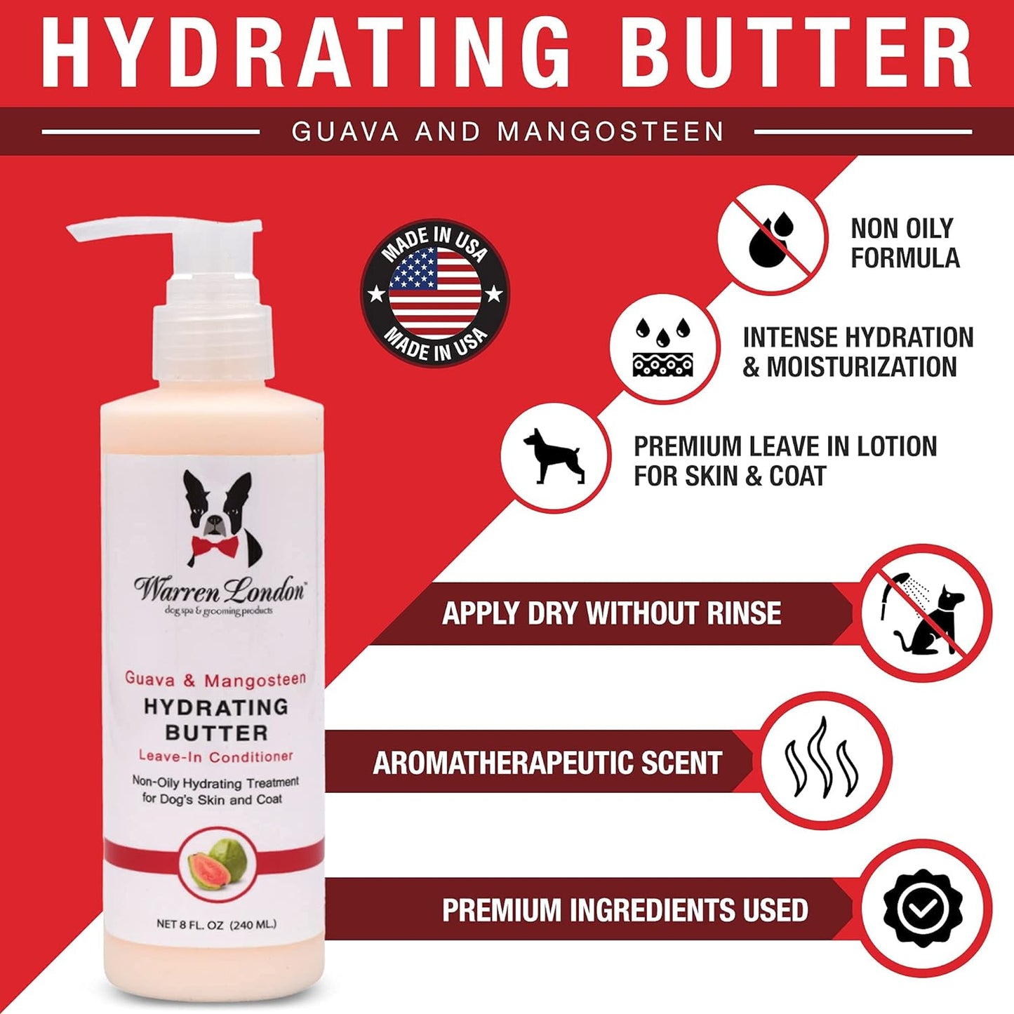Warren London 24-Hour Hydrating Butter for Dogs - Natural Leave-In Conditioner, Guava & Mango, 8 Oz