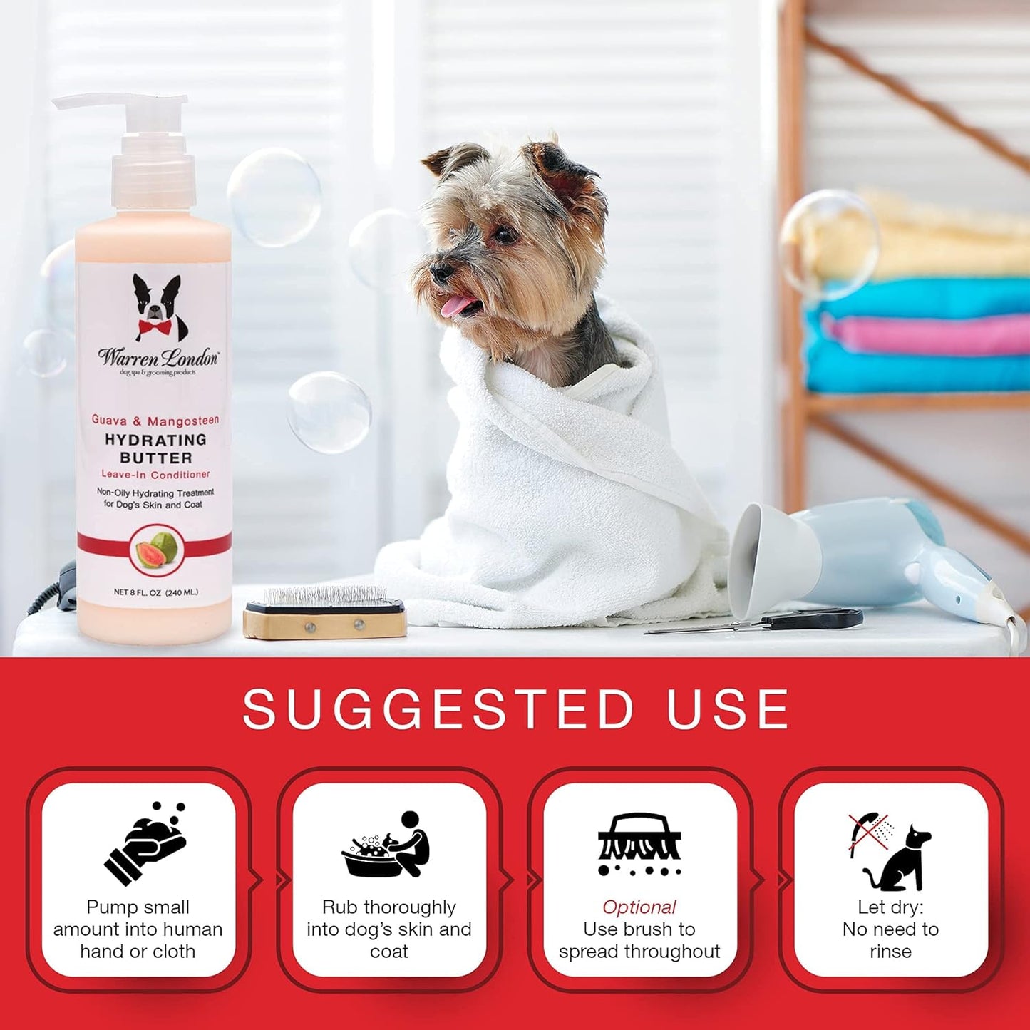 Warren London 24-Hour Hydrating Butter for Dogs - Natural Leave-In Conditioner, Guava & Mango, 8 Oz